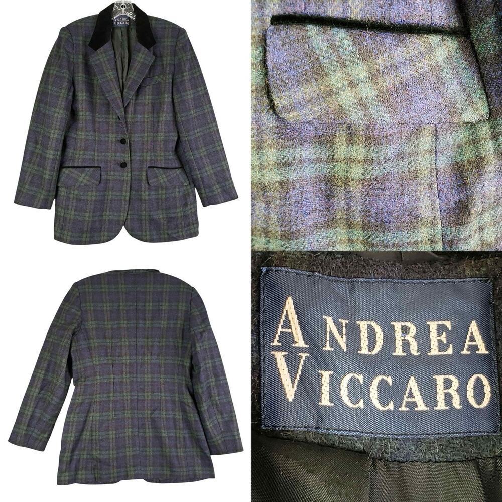 Andrea Viccaro Vintage Womens Tartan Plaid Wool Velvet Button Equestrian Size 12